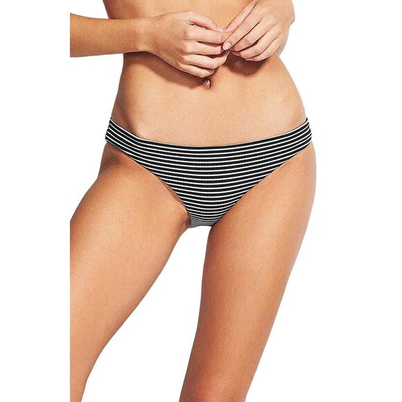 SEAFOLLY Women's Go Overboard Textured Striped Bikini Bottom sz US 12 Black - Picture 1 of 2